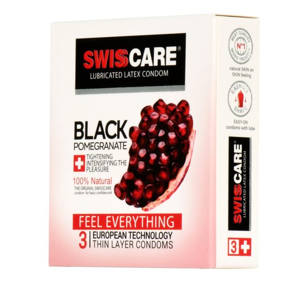 کاندوم سوئیس کر مدل Black Pomegranate بسته 3 عددیSwisscare - Black Pomegranate Condoms 3 pcs