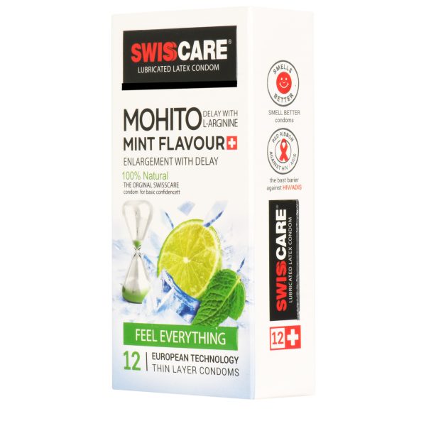کاندوم سوئیس کر مدل Mohito بسته 12 عددیSwisscare - Mohito Mint Flavour Condom 12PCS